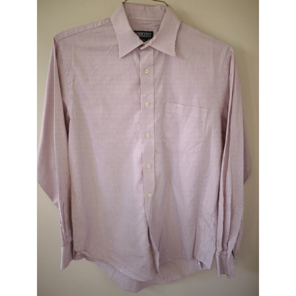 Lands End Red White Stripes 100% Cotton Long Sleeve Oxford Dress Shirt 15 x 34